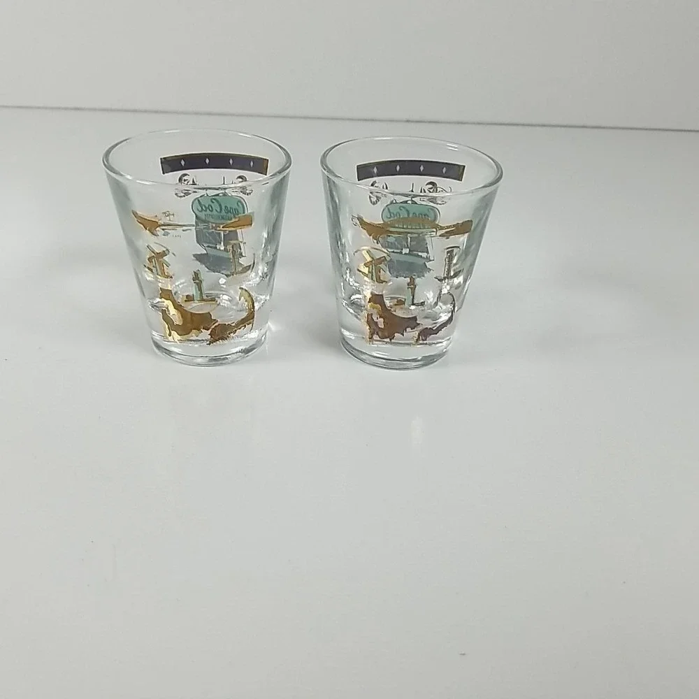 Set Of Vintage MCM Cape Cod Souvenir Shot Glasse Gold Turquoise